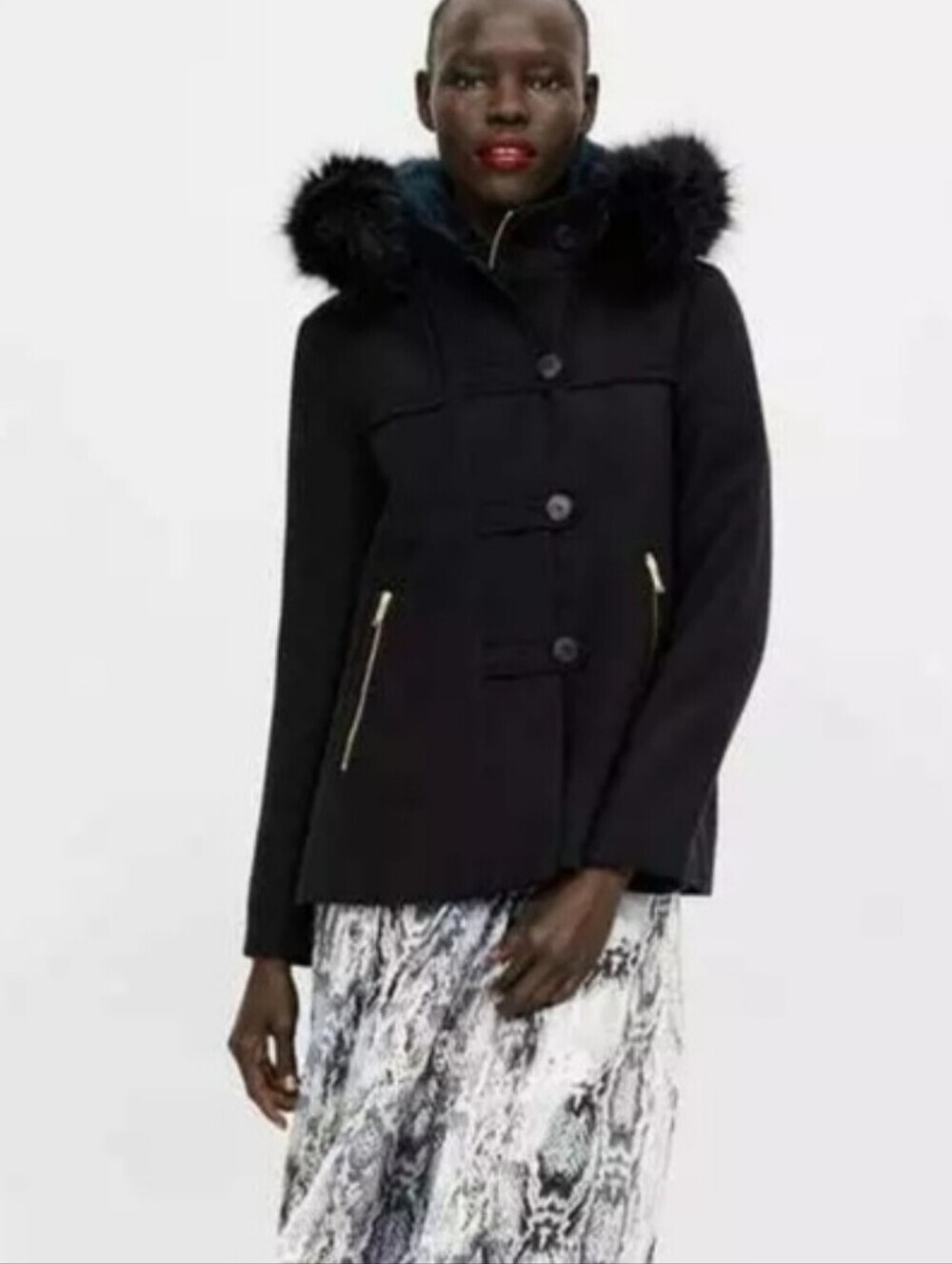 Zara Black Faux Fur-Trim Toggle Pea Coat - Picture 3 of 16